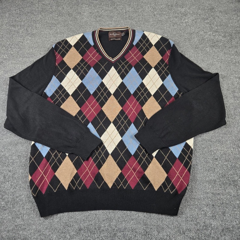 Black Brown 1826 Sweater Mens XL Black Argyle Supima Cotton V-Neck colorblock